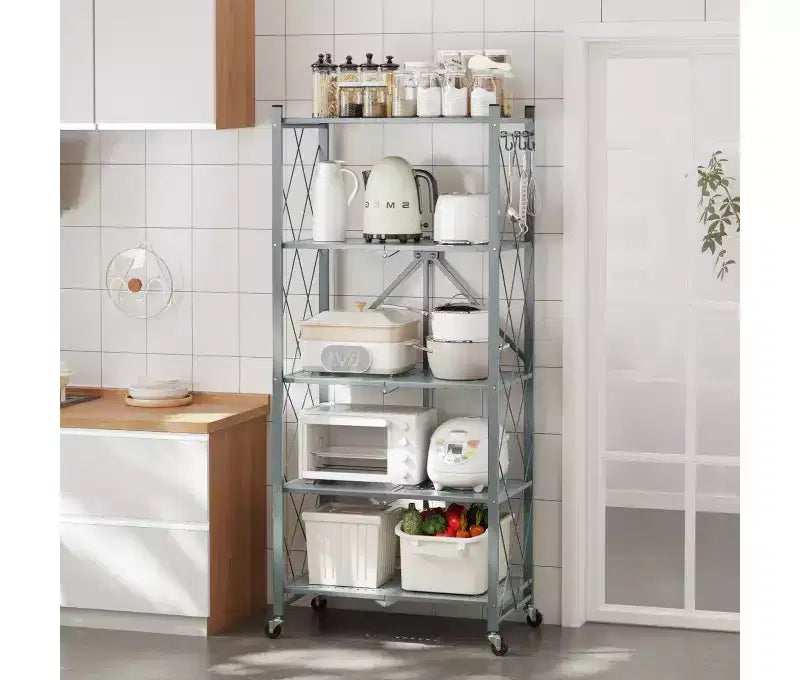 Étagère de rangement pliable en métal à 5 niveaux, grise, aucun assemblage requis