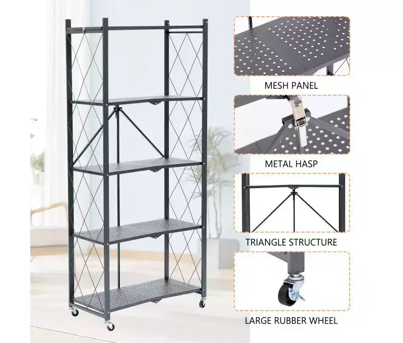 Étagère de rangement pliable en métal à 5 niveaux, grise, aucun assemblage requis