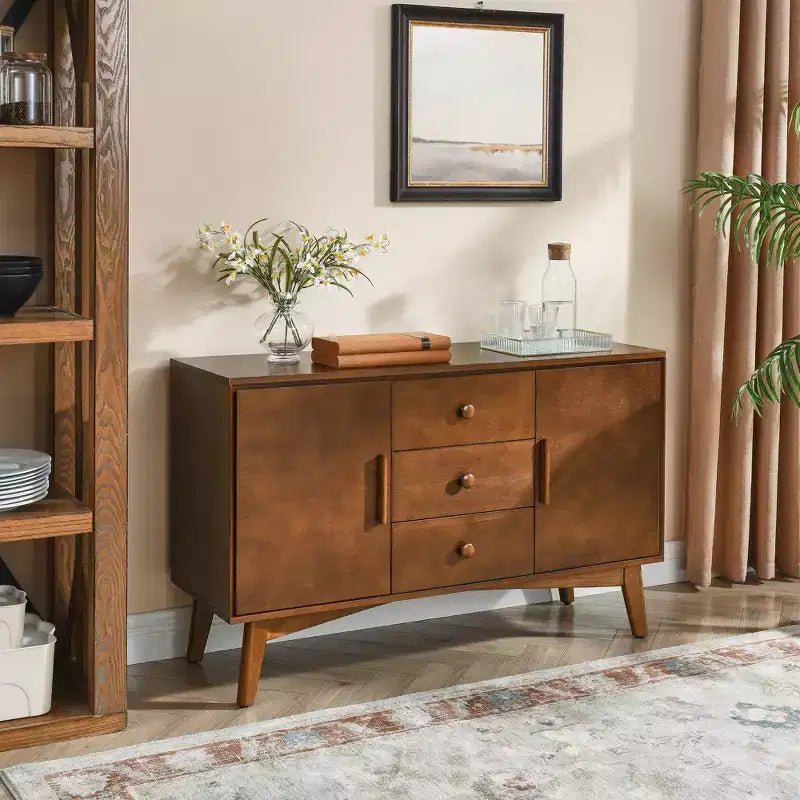 Buffet de 47 po avec 2 portes et 3 tiroirs, meuble console d'appoint pour la cuisine, la salle à manger, le salon, Noyer