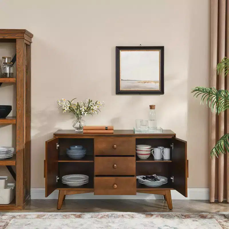 Buffet de 47 po avec 2 portes et 3 tiroirs, meuble console d'appoint pour la cuisine, la salle à manger, le salon, Noyer