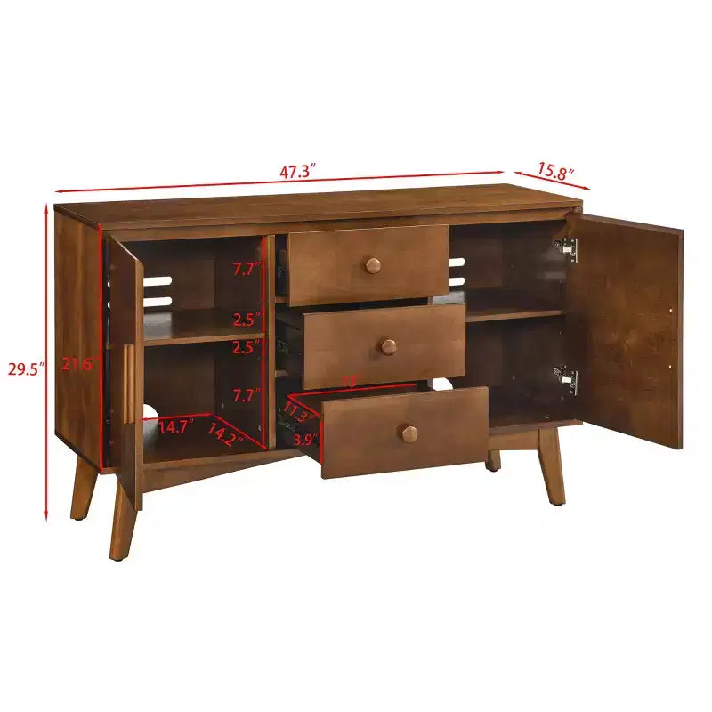 Buffet de 47 po avec 2 portes et 3 tiroirs, meuble console d'appoint pour la cuisine, la salle à manger, le salon, Noyer