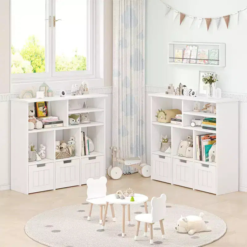 Organisateur de rangement de jouets et bibliothèque pour enfants avec 3 tiroirs mobiles et roulettes cachées, blanc