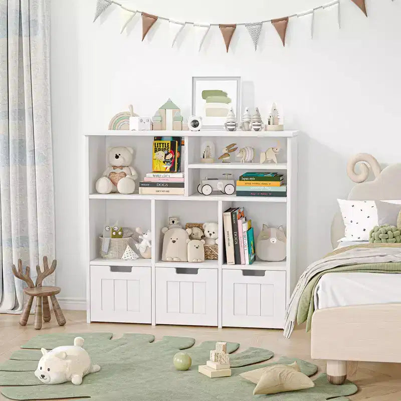 Organisateur de rangement de jouets et bibliothèque pour enfants avec 3 tiroirs mobiles et roulettes cachées, blanc