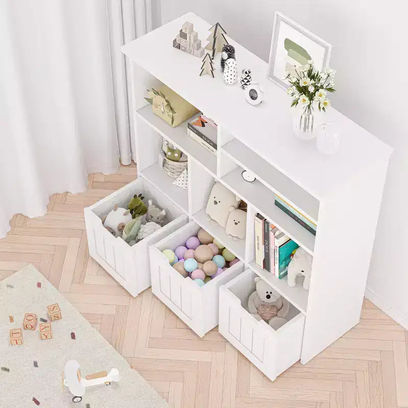 Organisateur de rangement de jouets et bibliothèque pour enfants avec 3 tiroirs mobiles et roulettes cachées, blanc