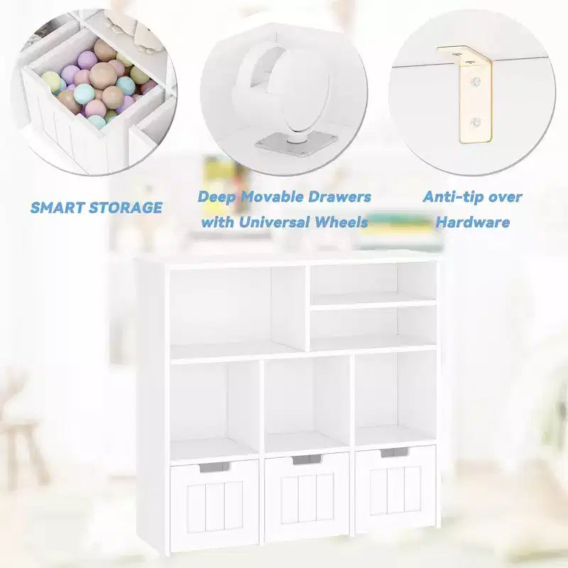 Organisateur de rangement de jouets et bibliothèque pour enfants avec 3 tiroirs mobiles et roulettes cachées, blanc