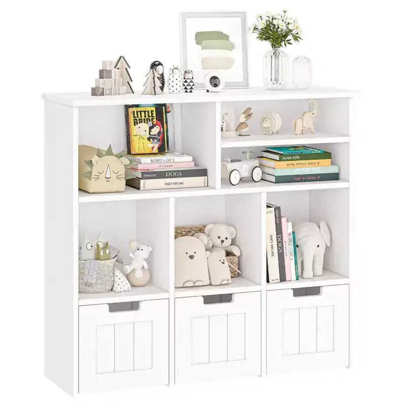 Organisateur de rangement de jouets et bibliothèque pour enfants avec 3 tiroirs mobiles et roulettes cachées, blanc