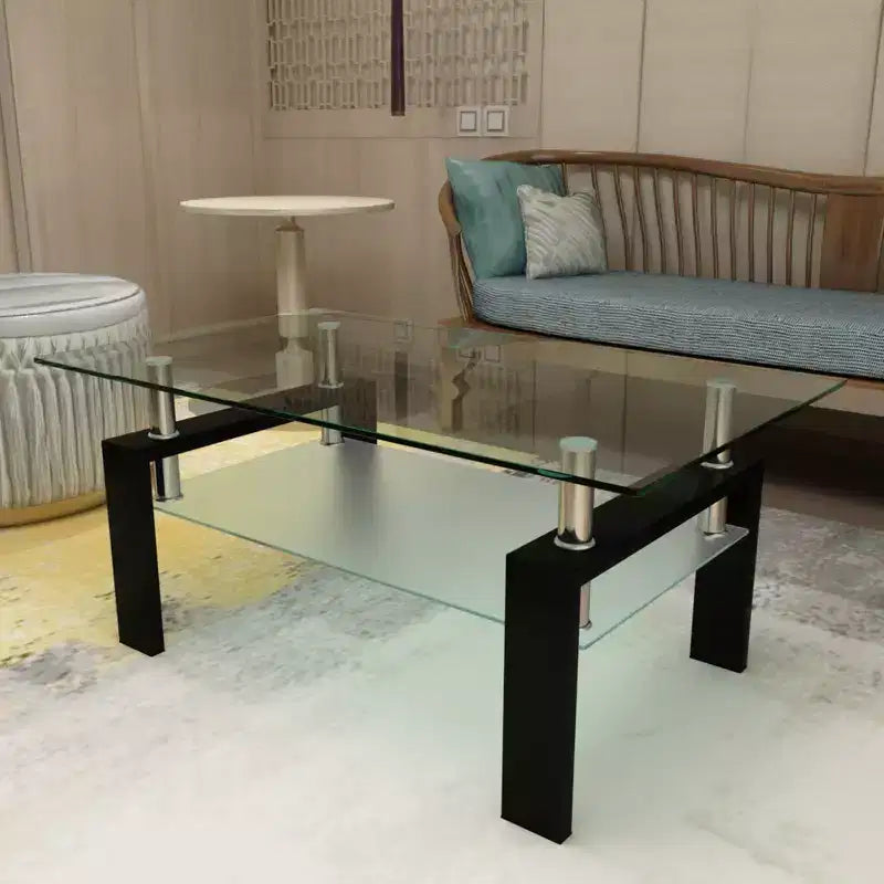 Table basse rectangulaire moderne en verre trempé et fer avec étagère ouverte
