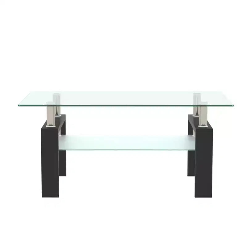Table basse rectangulaire moderne en verre trempé et fer avec étagère ouverte