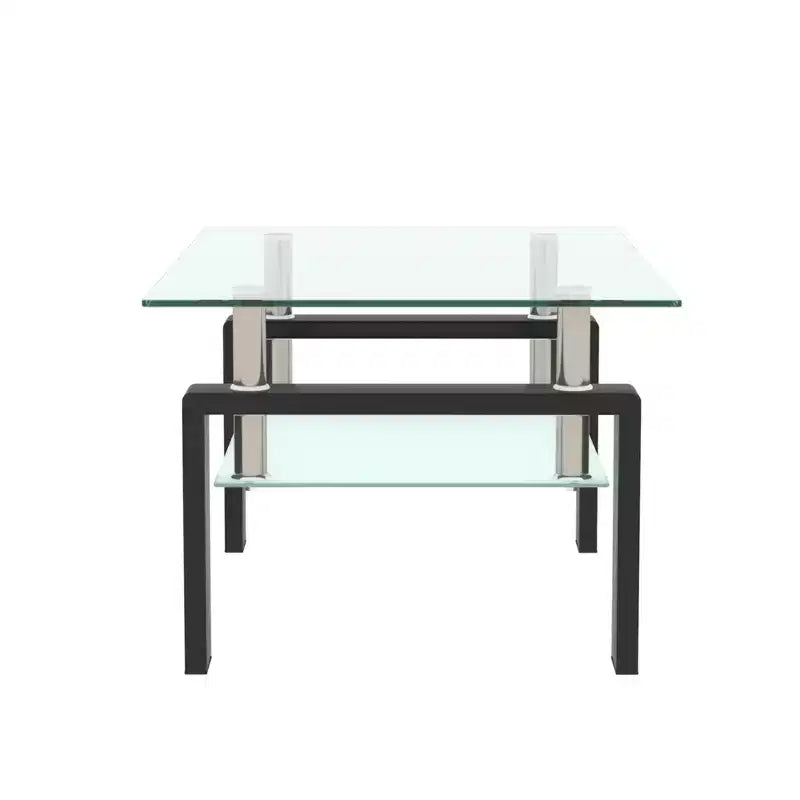 Table basse rectangulaire moderne en verre trempé et fer avec étagère ouverte