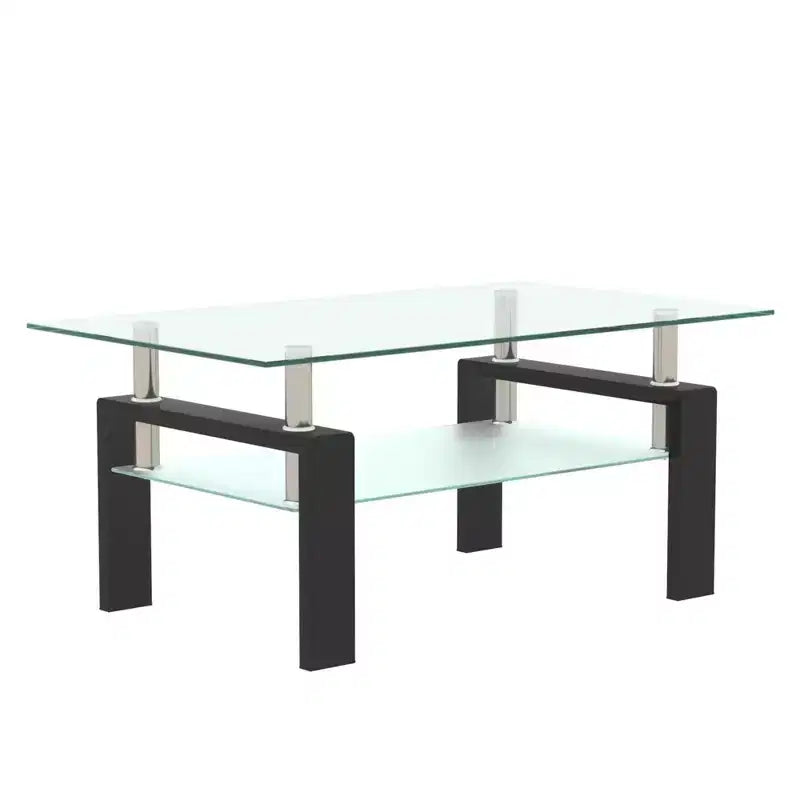 Table basse rectangulaire moderne en verre trempé et fer avec étagère ouverte