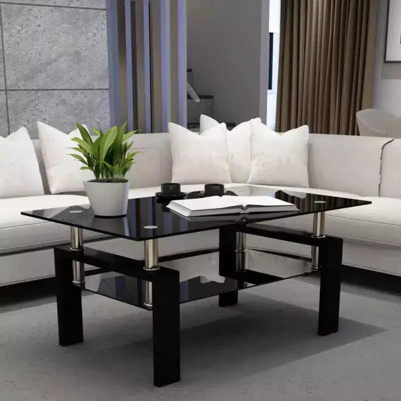 Table basse rectangulaire moderne en verre trempé et fer avec étagère ouverte