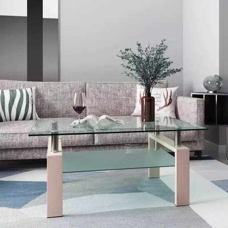 Table basse rectangulaire moderne en verre trempé et fer avec étagère ouverte