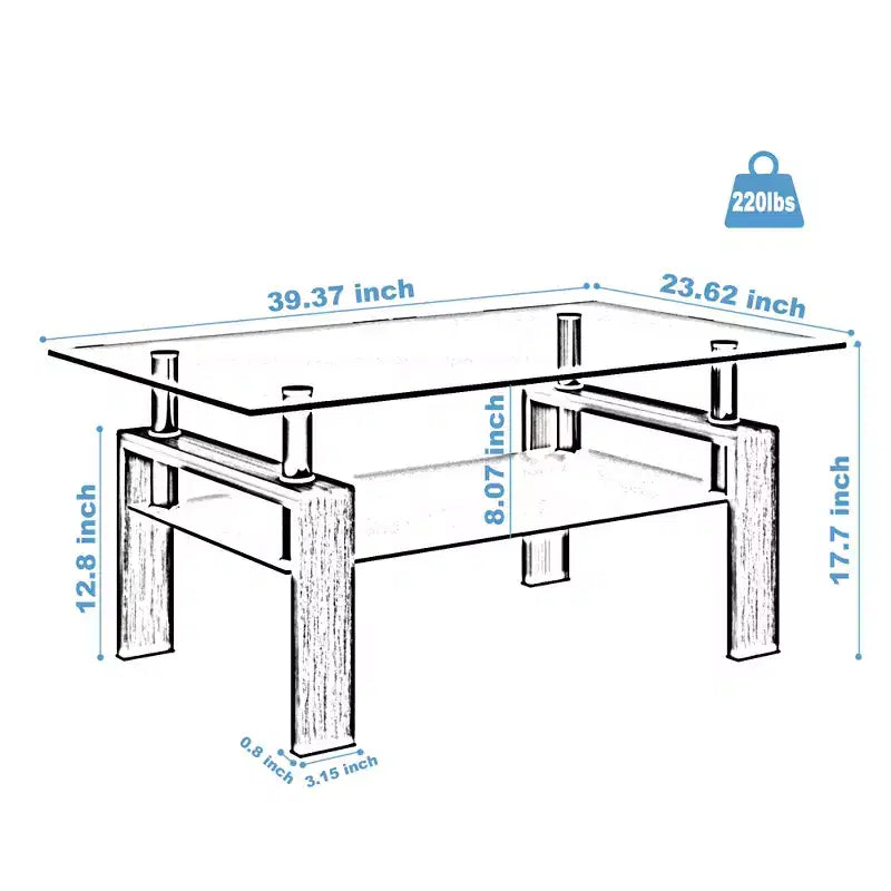Table basse rectangulaire moderne en verre trempé et fer avec étagère ouverte