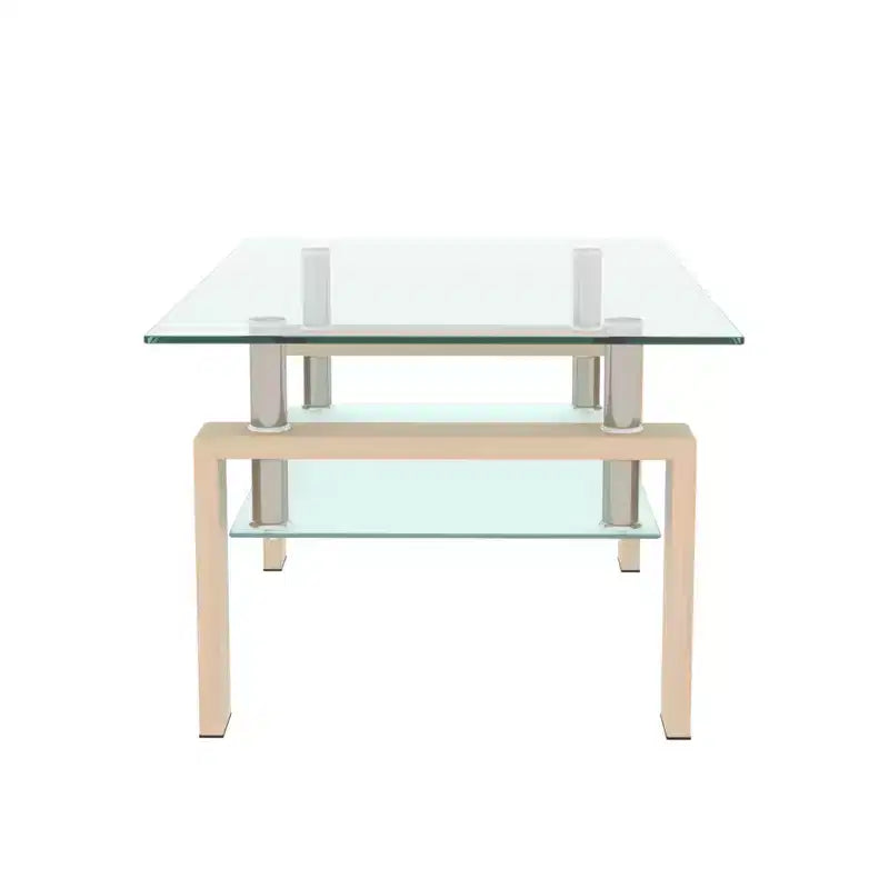 Table basse rectangulaire moderne en verre trempé et fer avec étagère ouverte