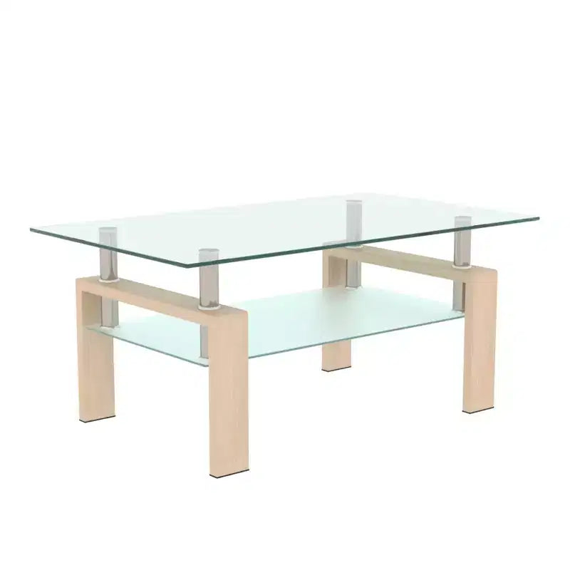 Table basse rectangulaire moderne en verre trempé et fer avec étagère ouverte