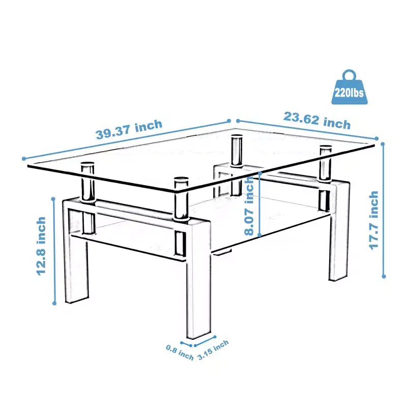 Table basse rectangulaire moderne en verre trempé et fer avec étagère ouverte