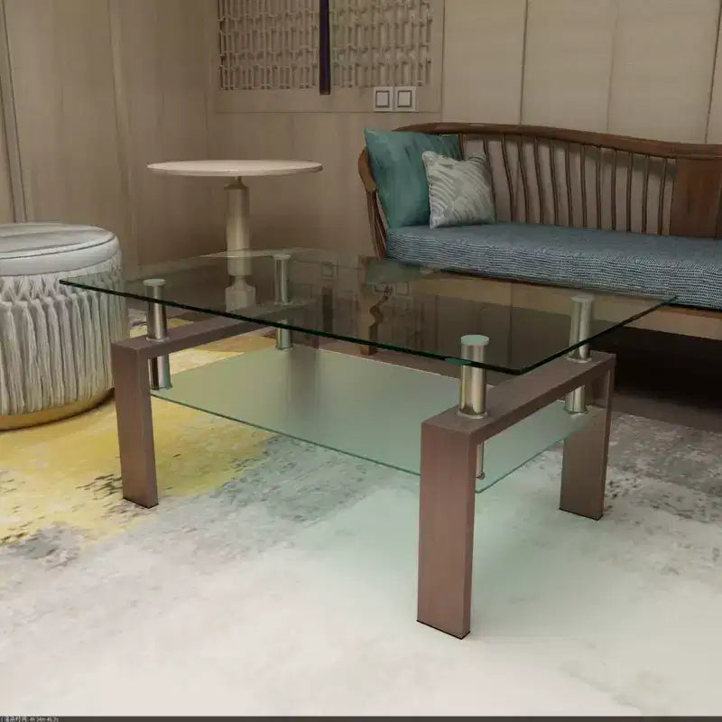 Table basse rectangulaire moderne en verre trempé et fer avec étagère ouverte