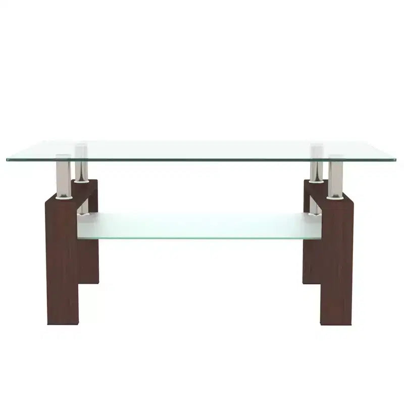 Table basse rectangulaire moderne en verre trempé et fer avec étagère ouverte