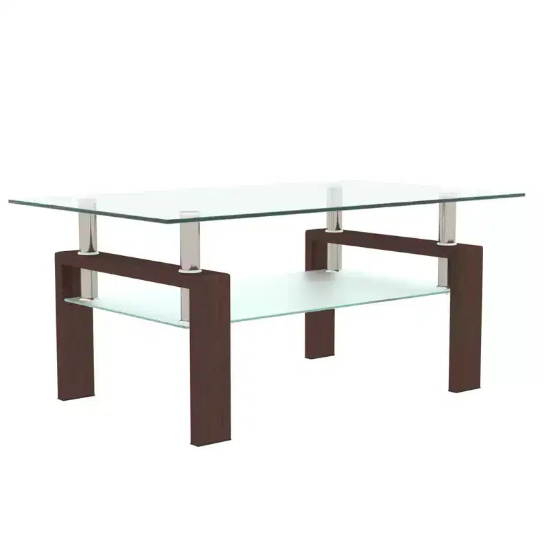 Table basse rectangulaire moderne en verre trempé et fer avec étagère ouverte