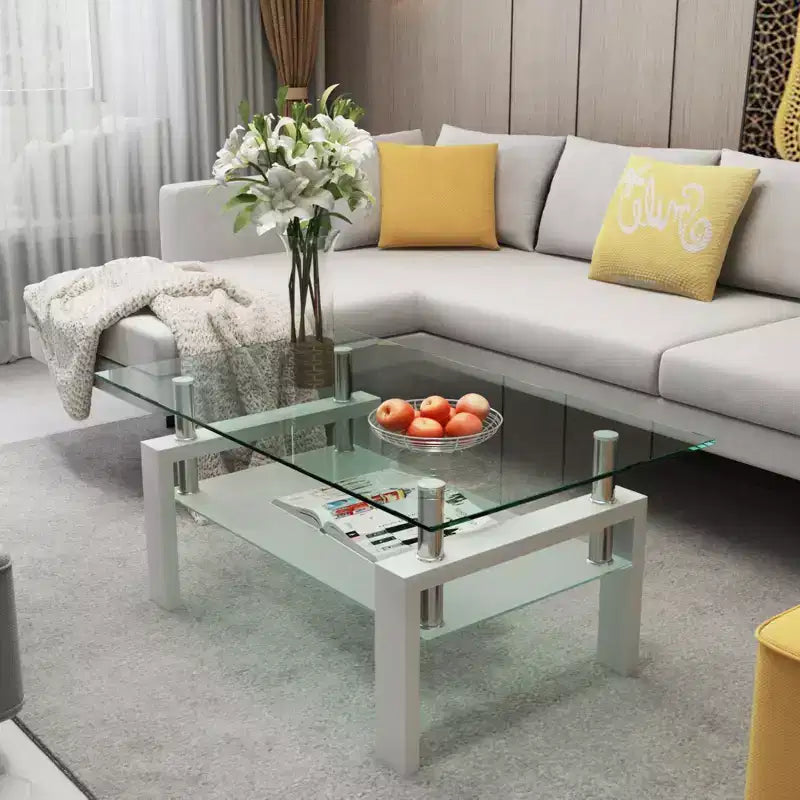 Table basse rectangulaire moderne en verre trempé et fer avec étagère ouverte