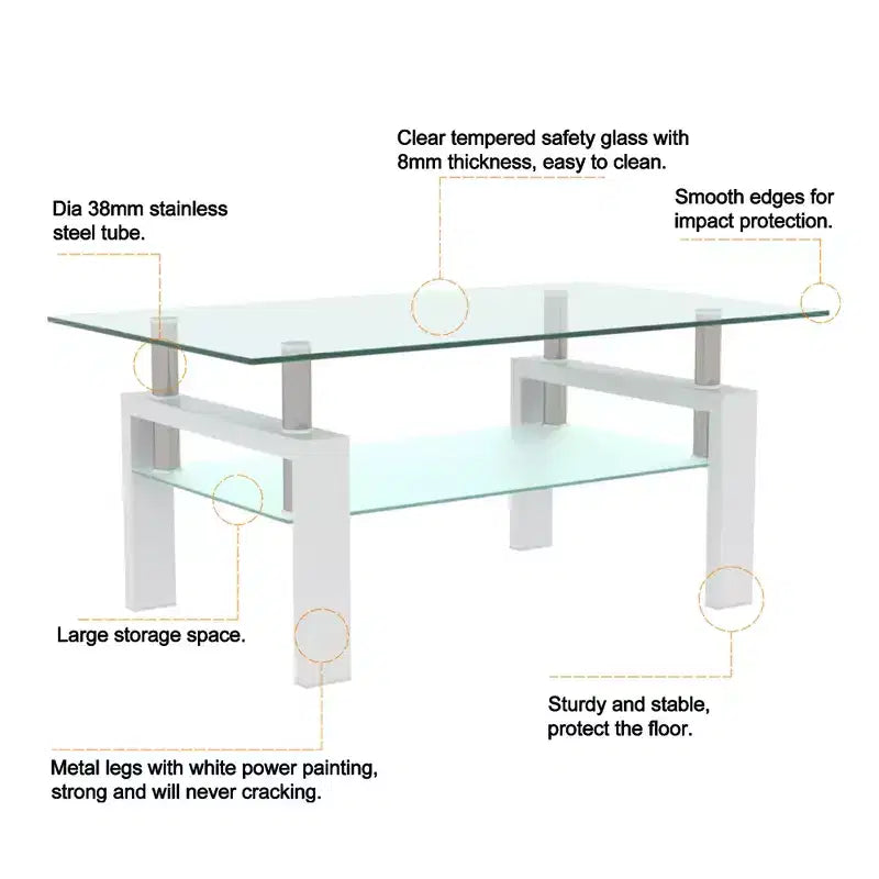 Table basse rectangulaire moderne en verre trempé et fer avec étagère ouverte