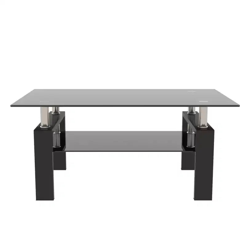 Table basse rectangulaire moderne en verre trempé et fer avec étagère ouverte