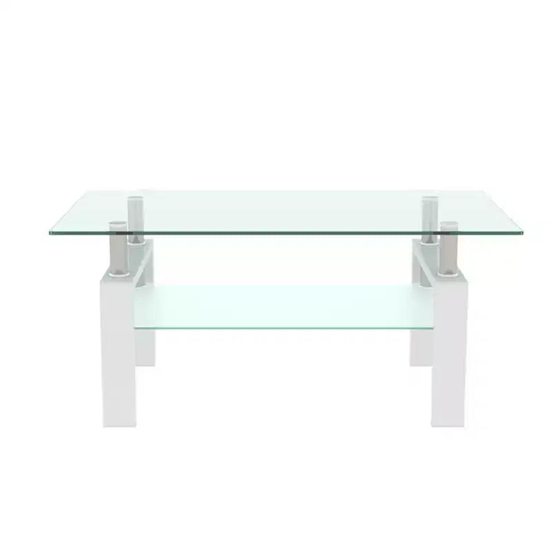 Table basse rectangulaire moderne en verre trempé et fer avec étagère ouverte