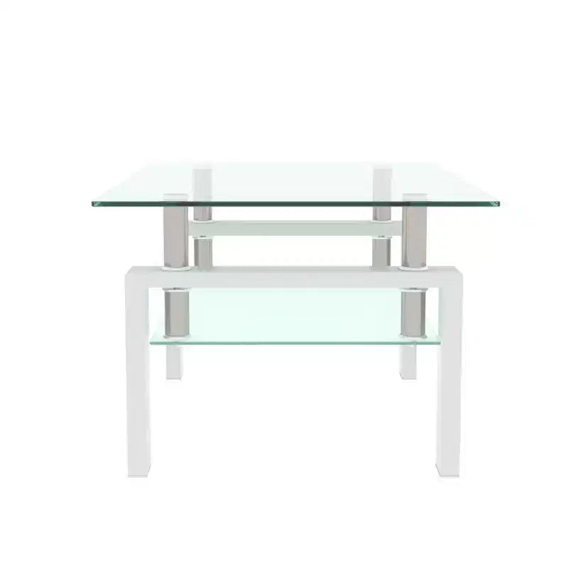 Table basse rectangulaire moderne en verre trempé et fer avec étagère ouverte