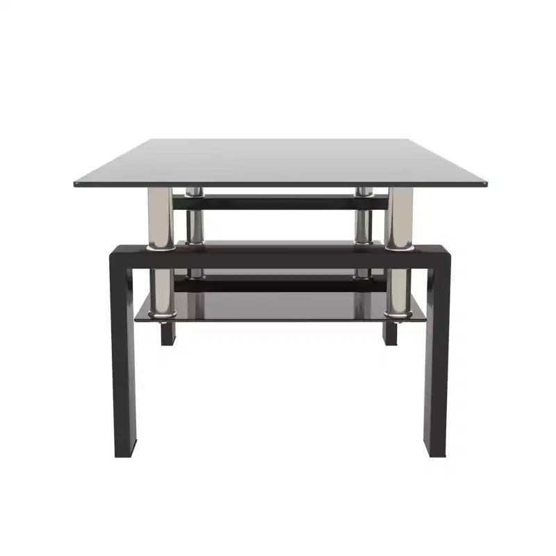 Table basse rectangulaire moderne en verre trempé et fer avec étagère ouverte