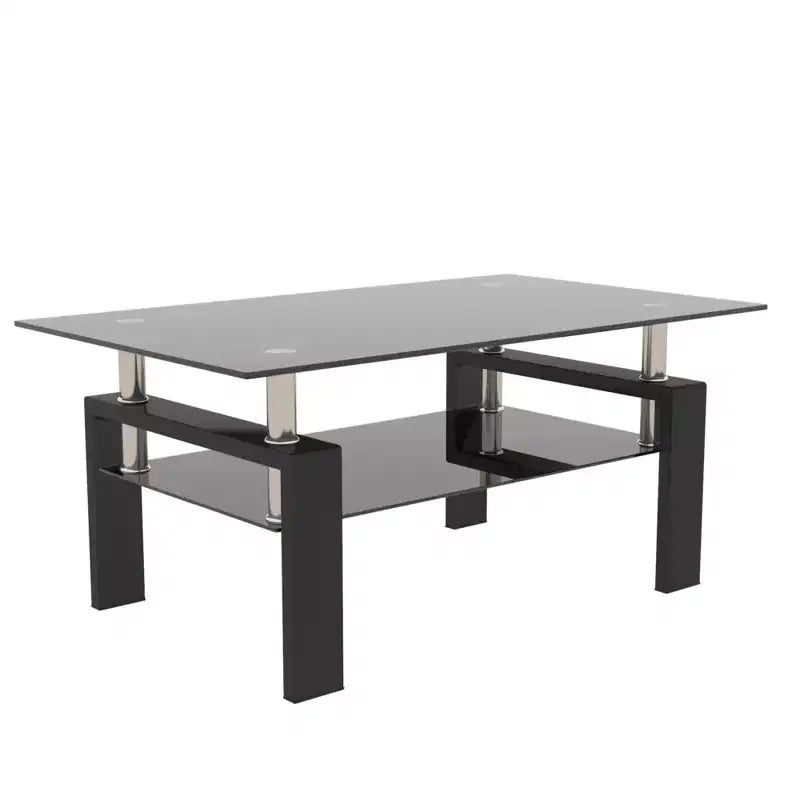 Table basse rectangulaire moderne en verre trempé et fer avec étagère ouverte