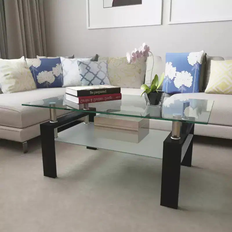 Table basse rectangulaire moderne en verre trempé et fer avec étagère ouverte
