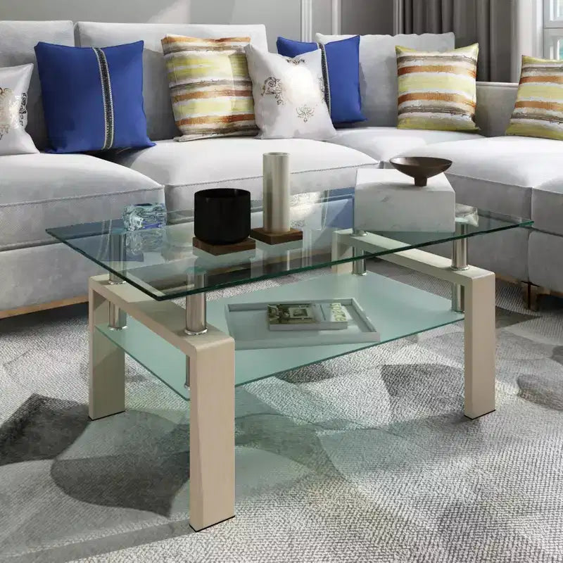 Table basse rectangulaire moderne en verre trempé et fer avec étagère ouverte