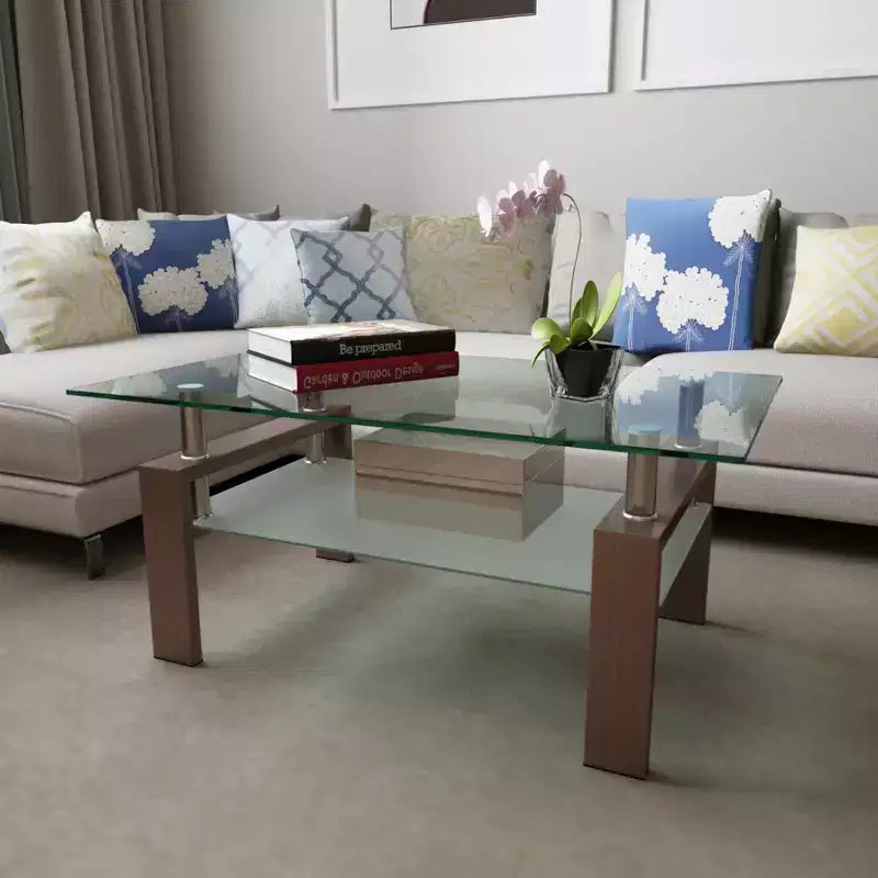 Table basse rectangulaire moderne en verre trempé et fer avec étagère ouverte