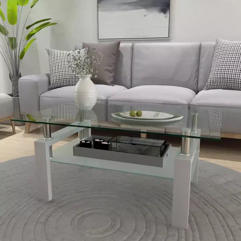 Table basse rectangulaire moderne en verre trempé et fer avec étagère ouverte