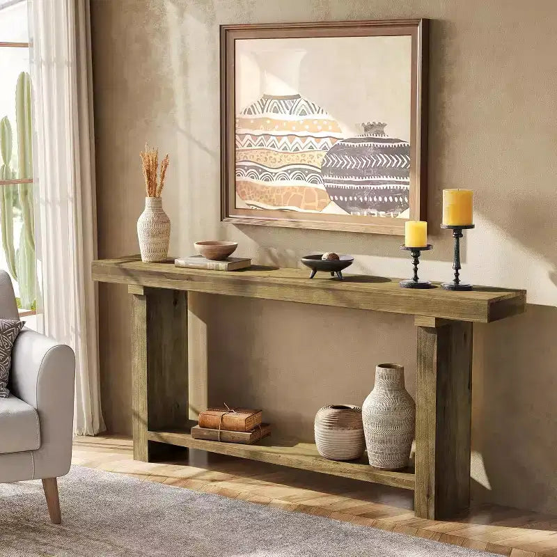 Console de ferme en bois massif de 70,9 po pour entrée, salon, couloir, brun foncé