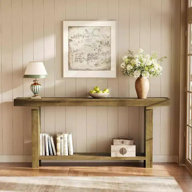 Console de ferme en bois massif de 70,9 po pour entrée, salon, couloir, brun foncé