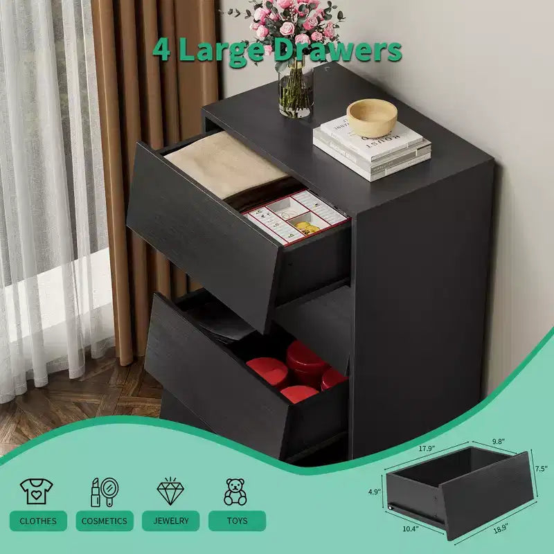 Commode à tiroirs avec design biseauté et pieds en bois massif, options 4 ou 6 tiroirs