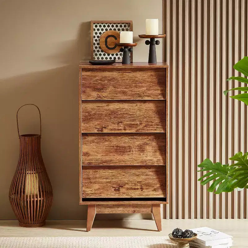 Commode à tiroirs avec design biseauté et pieds en bois massif, options 4 ou 6 tiroirs