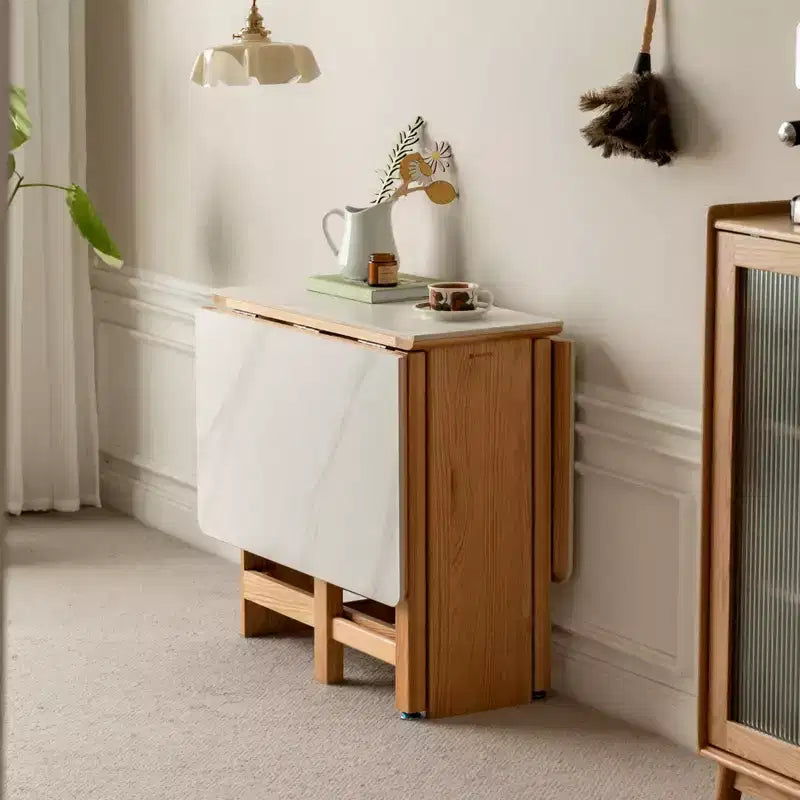 Table à manger extensible moderne avec pieds en chêne massif et plateau en pierre, pour 4 à 6 personnes