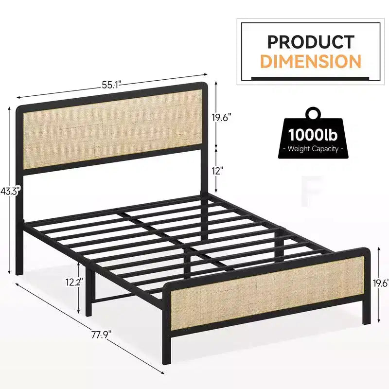 Cadre de lit plateforme en rotin pour lit double/grand lit avec tête et pied de lit en rotin naturel, rangement sous le lit