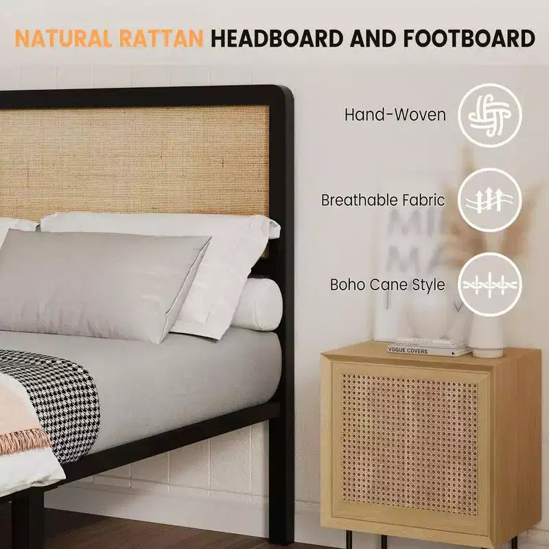 Cadre de lit plateforme en rotin pour lit double/grand lit avec tête et pied de lit en rotin naturel, rangement sous le lit