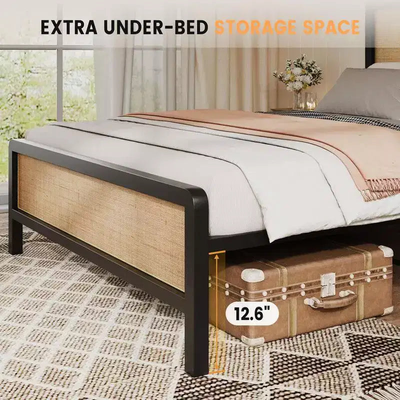 Cadre de lit plateforme en rotin pour lit double/grand lit avec tête et pied de lit en rotin naturel, rangement sous le lit