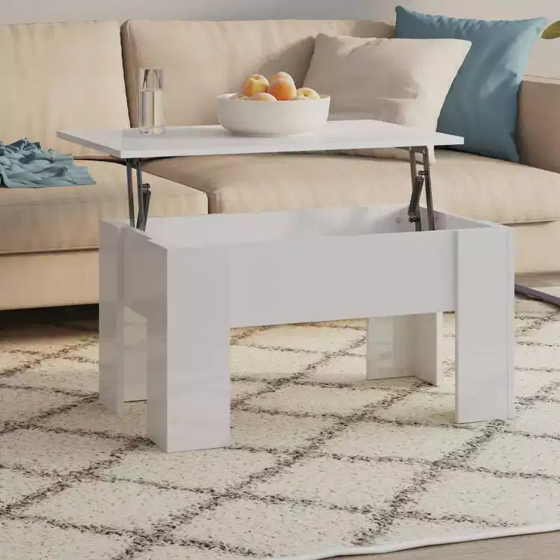 Table Basse relevable, Blanc Brillant, Bois Composite, Taille Moyenne
