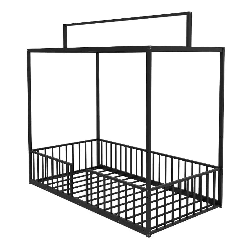 Lit de sol Montessori convertible 3-en-1 en métal, taille double/tout-petit, lit pour tout-petit avec clôture, lit à baldaquin