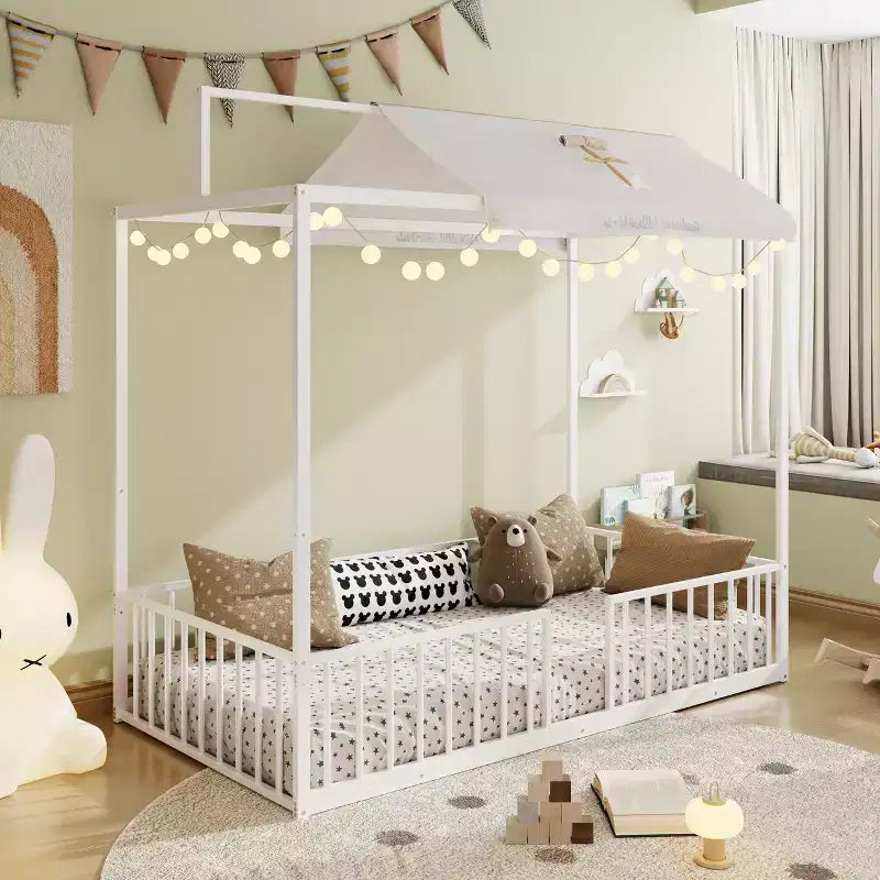 Lit de sol Montessori convertible 3-en-1 en métal, taille double/tout-petit, lit pour tout-petit avec clôture, lit à baldaquin
