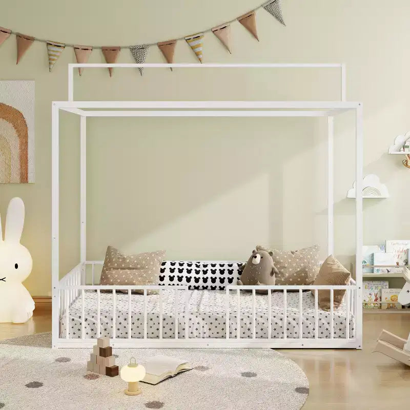 Lit de sol Montessori convertible 3-en-1 en métal, taille double/tout-petit, lit pour tout-petit avec clôture, lit à baldaquin