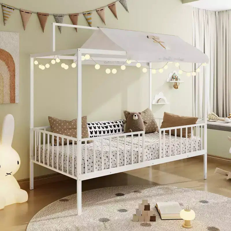 Lit de sol Montessori convertible 3-en-1 en métal, taille double/tout-petit, lit pour tout-petit avec clôture, lit à baldaquin