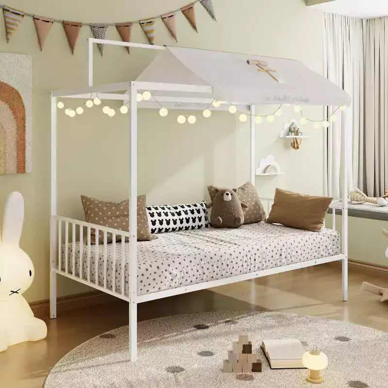 Lit de sol Montessori convertible 3-en-1 en métal, taille double/tout-petit, lit pour tout-petit avec clôture, lit à baldaquin
