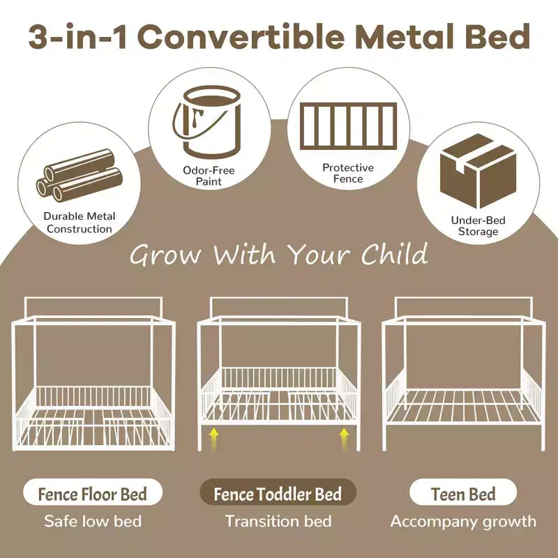 Lit de sol Montessori convertible 3-en-1 en métal, taille double/tout-petit, lit pour tout-petit avec clôture, lit à baldaquin