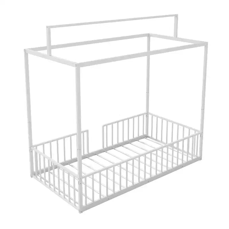 Lit de sol Montessori convertible 3-en-1 en métal, taille double/tout-petit, lit pour tout-petit avec clôture, lit à baldaquin